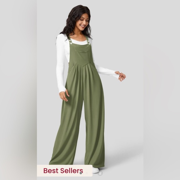 HALARA Pants - Halara Adjustable Strap Button Multiple Pockets Waffle Overalls Loden Green